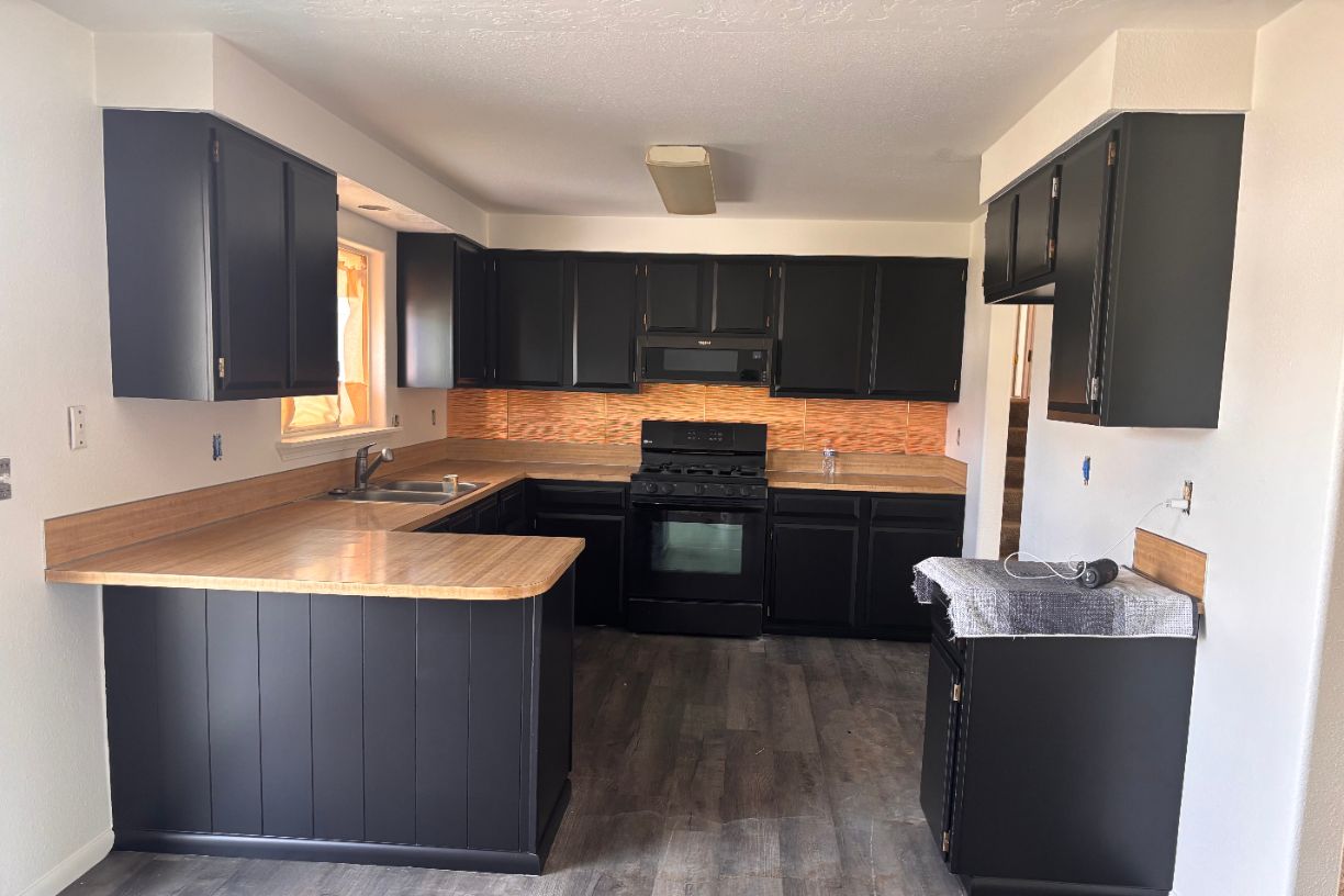 Modern kitchen with freshly painted dark cabinets
