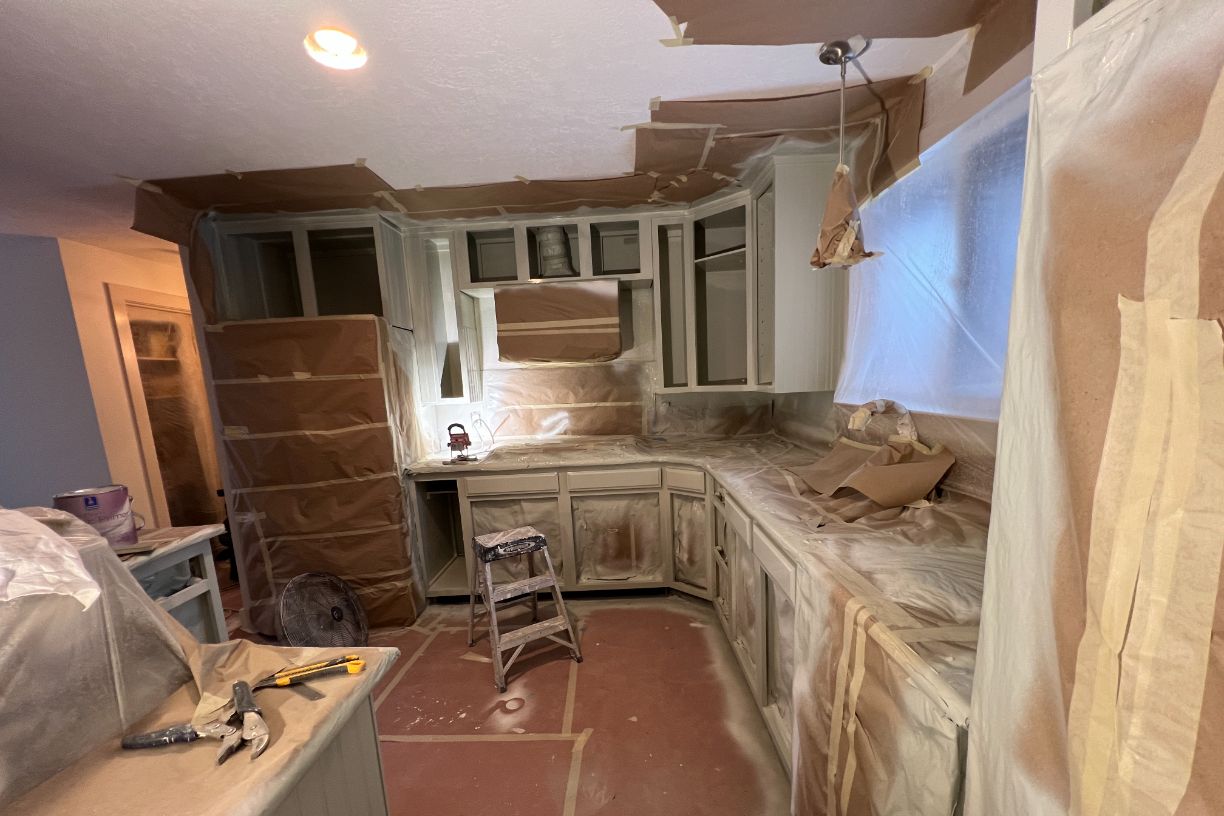 Kitchen fully masked for cabinet painting