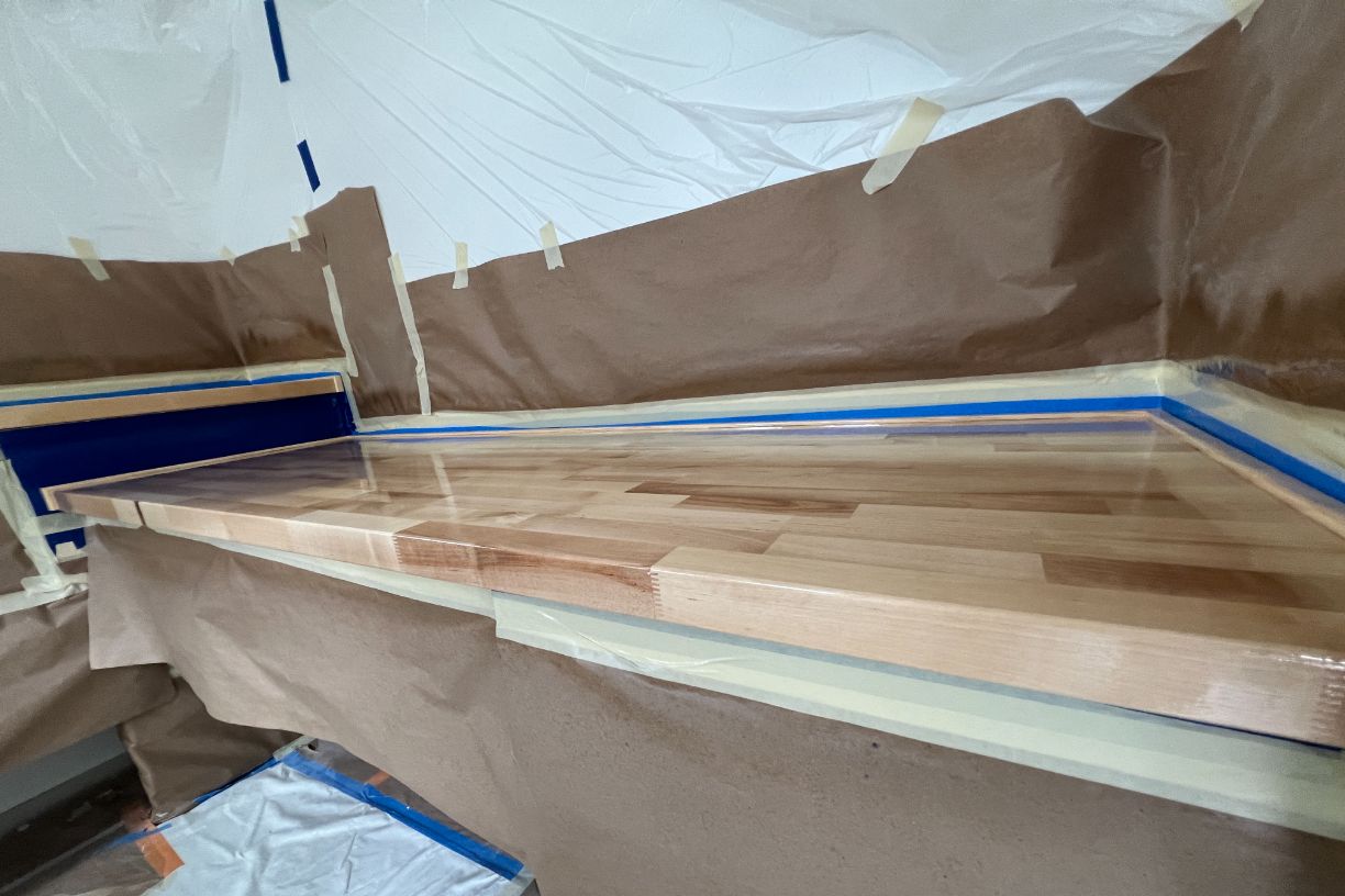 Freshly coated wooden countertop drying