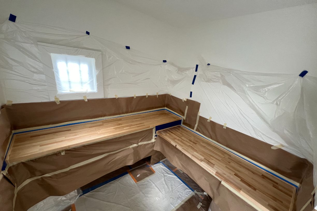 Wood countertops masked for painting preparation